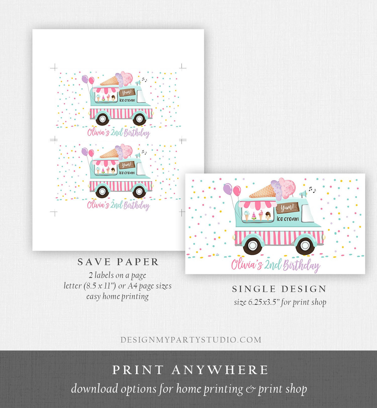 Editable Ice Cream Truck Favor Box Label Gable Gift Box Ice Cream Birthday Sweet One First Girl Treat Box Tag Download Printable Corjl 0243