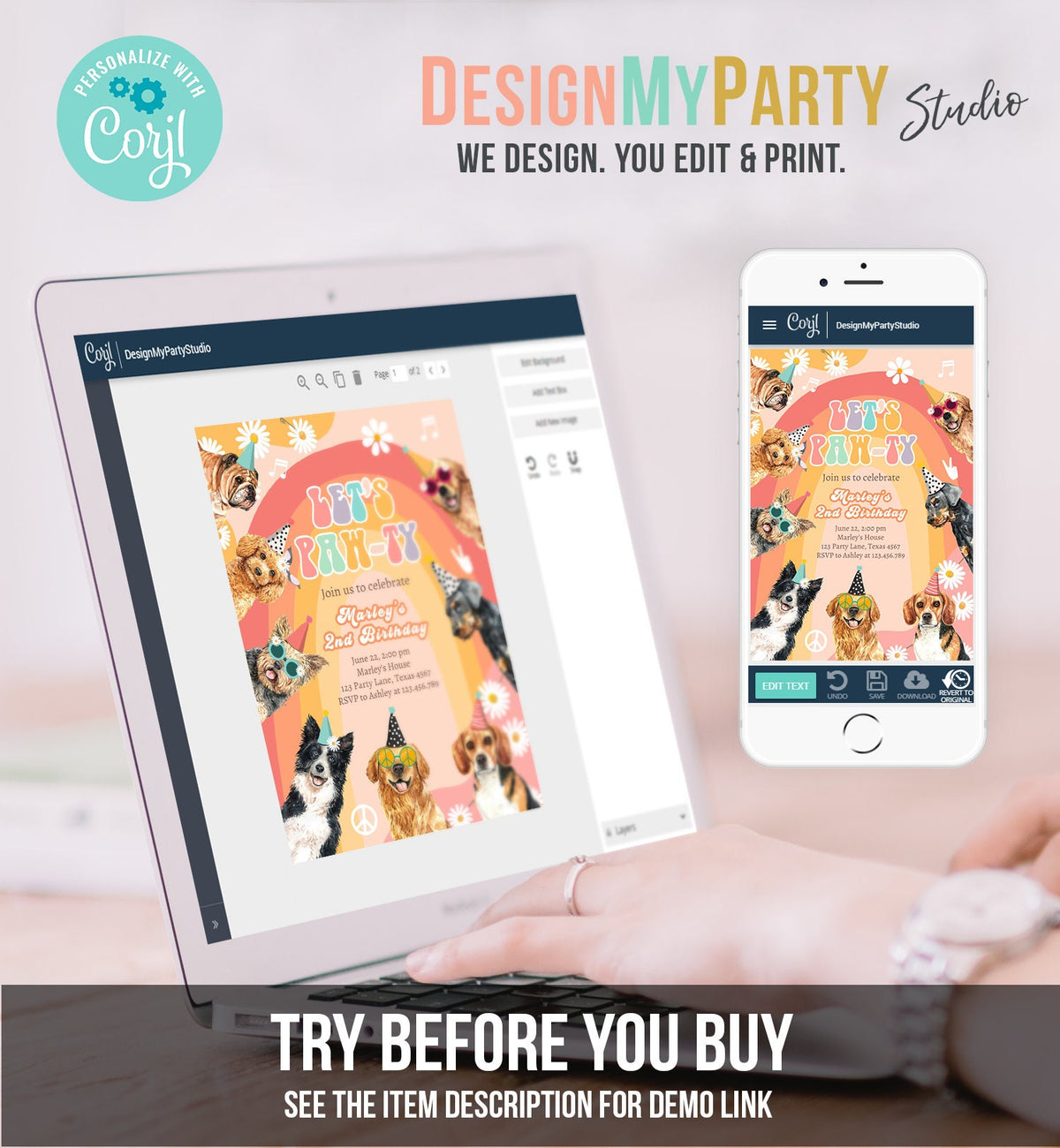 Editable Groovy Dog Birthday Party Invitation Retro Puppy Birthday Girl Doggy Daisy Lets Pawty Digital Download Template Printable 0463