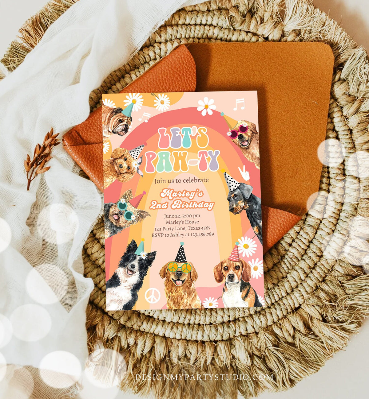 Editable Groovy Dog Birthday Party Invitation Retro Puppy Birthday Girl Doggy Daisy Lets Pawty Digital Download Template Printable 0463