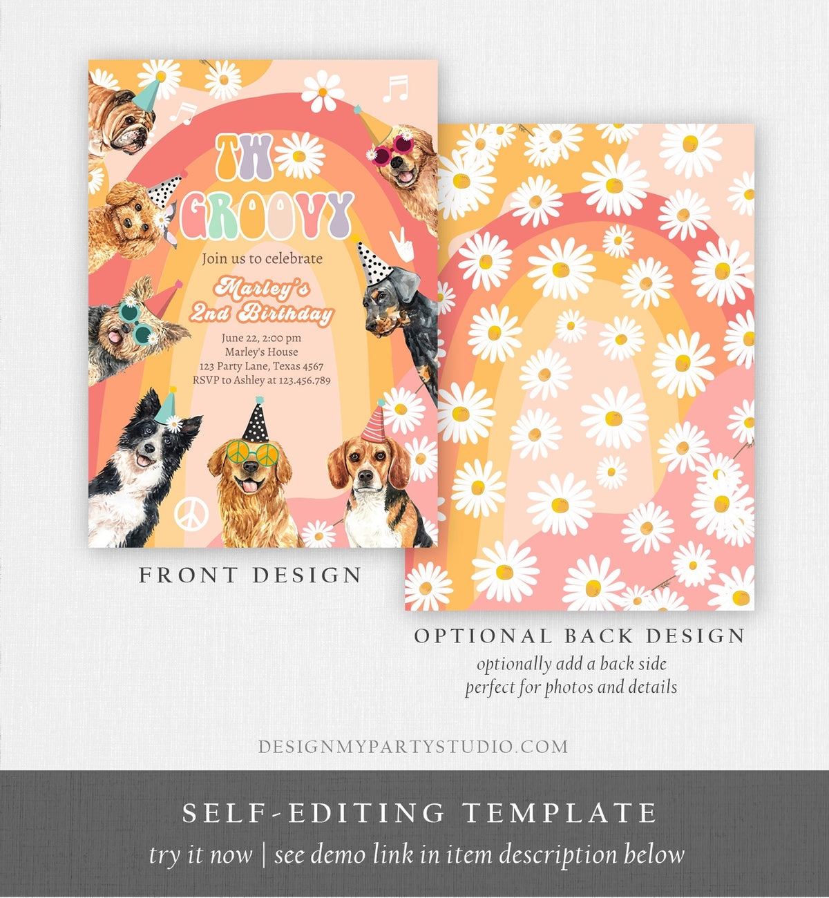 Editable Two Groovy Dog Birthday Party Invitation Retro Puppy 2nd Birthday Girl Doggy Pawty Digital Download Evite Template Printable 0463