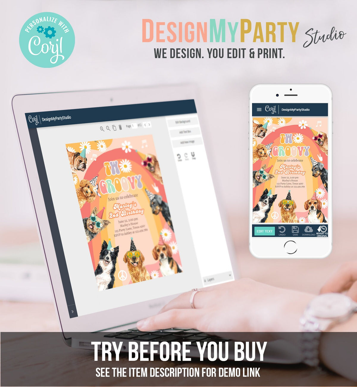 Editable Two Groovy Dog Birthday Party Invitation Retro Puppy 2nd Birthday Girl Doggy Pawty Digital Download Evite Template Printable 0463