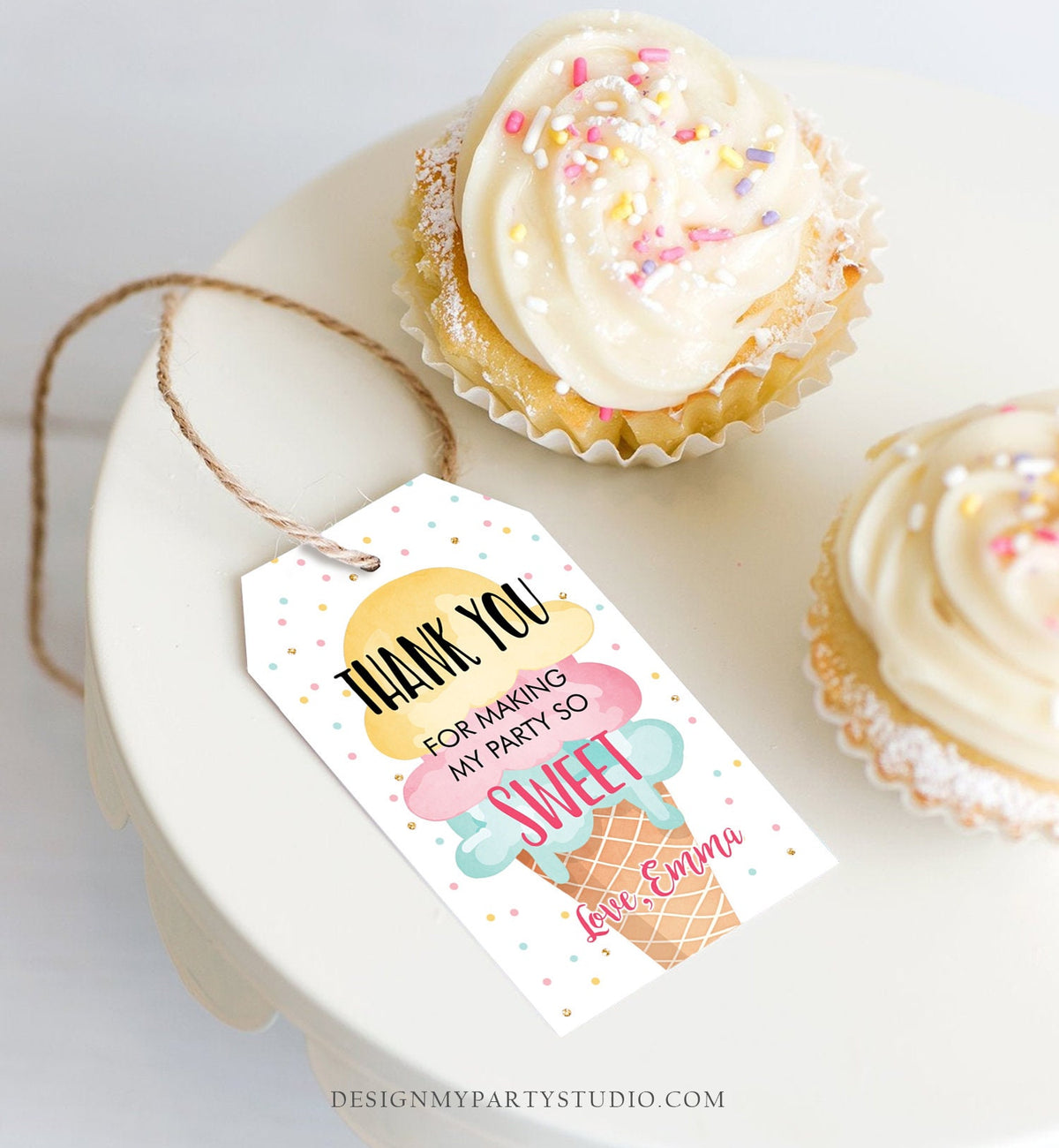 Editable Ice Cream Favor Thank You Tag Ice Cream Birthday Party Girl Pink Yellow Mint Gift Goodie Bag Label Digital Template Printable 0243