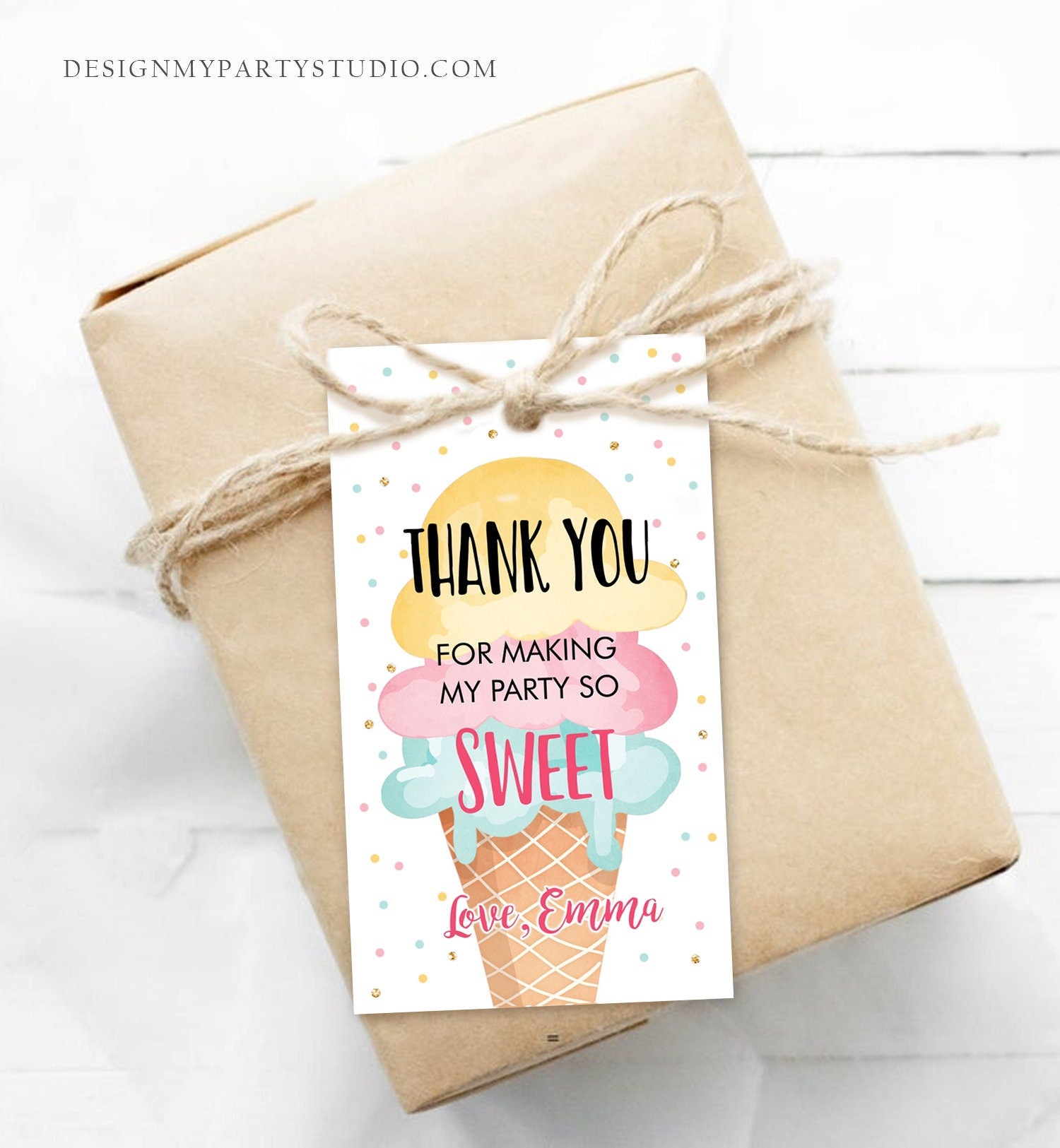 Editable Ice Cream Favor Thank You Tag Ice Cream Birthday Party Girl Pink Yellow Mint Gift Goodie Bag Label Digital Template Printable 0243