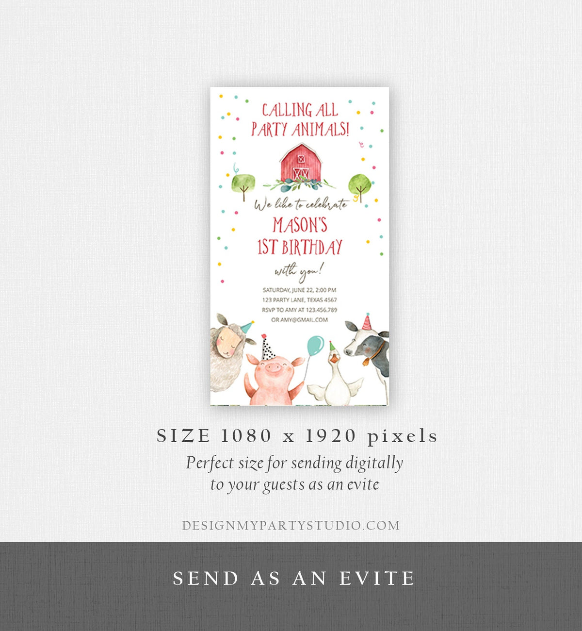 Editable Farm Birthday Evite Boy Farm Animals Red Barn Barnyard All Party Animals Download Phone Invitation Template Digital Corjl 0155