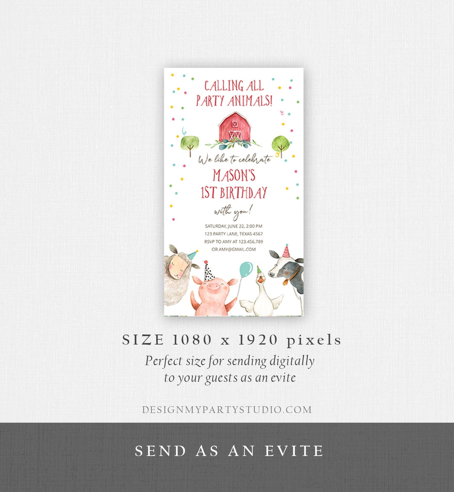 Editable Farm Birthday Evite Boy Farm Animals Red Barn Barnyard All Party Animals Download Phone Invitation Template Digital Corjl 0155