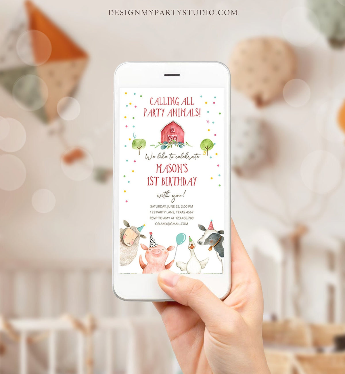Editable Farm Birthday Evite Boy Farm Animals Red Barn Barnyard All Party Animals Download Phone Invitation Template Digital Corjl 0155