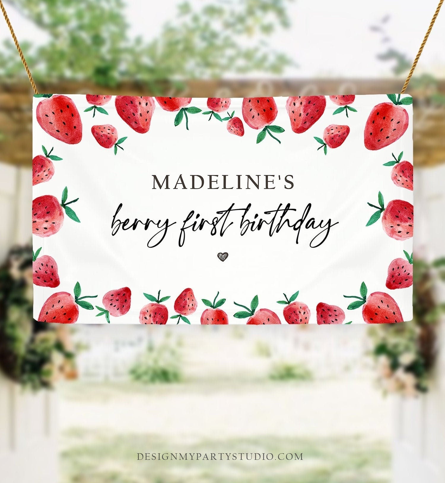 Editable Strawberry Backdrop Banner Strawberry Berry First Birthday Girl Strawberries Berry Sweet Digital Download Template Printable 0399