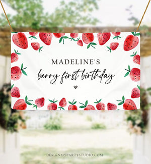 Editable Strawberry Backdrop Banner Strawberry Berry First Birthday Girl Strawberries Berry Sweet Download Corjl Template Printable 0399