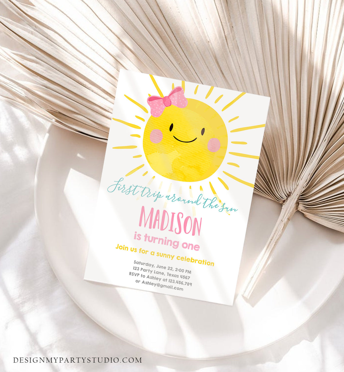 Editable First Tip Around the Sun Birthday Invitation Sunshine First Birthday 1st Party Pink Girl Bow Summer Download Corjl Template 0141