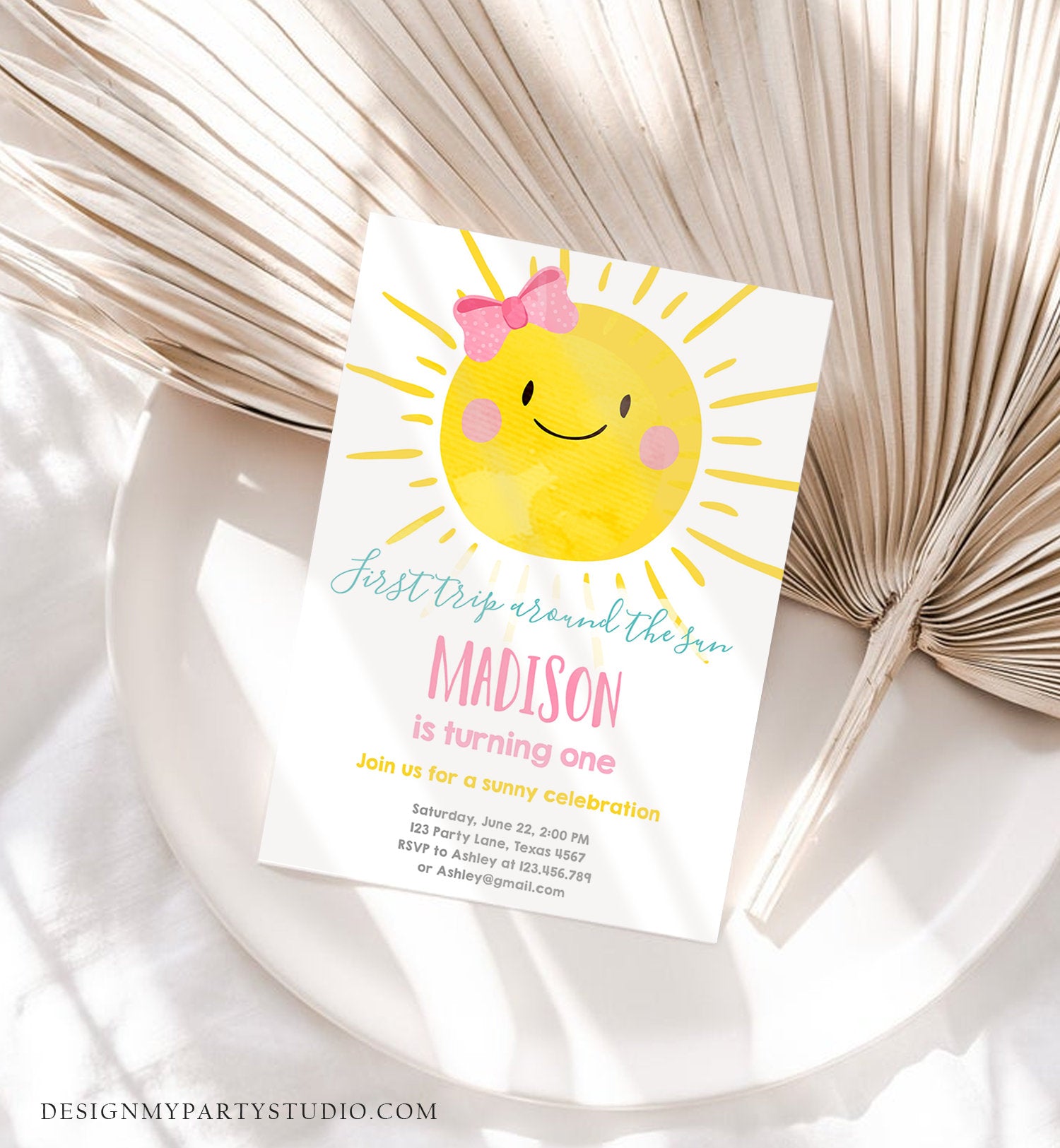 Editable First Tip Around the Sun Birthday Invitation Sunshine First Birthday 1st Party Pink Girl Bow Summer Download Corjl Template 0141