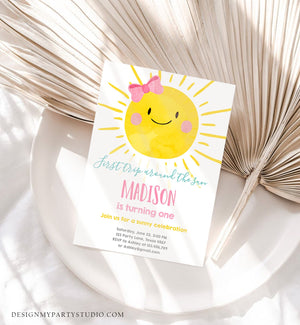 Editable First Tip Around the Sun Birthday Invitation Sunshine First Birthday 1st Party Pink Girl Bow Summer Download Corjl Template 0141