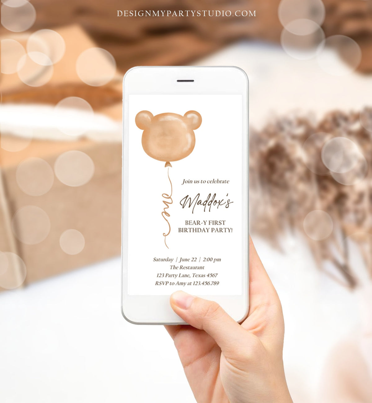 Editable Bear Birthday Evite Bear Balloon Modern Teddy Bears Picnic Gender Neutral Boho Invitation Template Instant Download Corjl 0439
