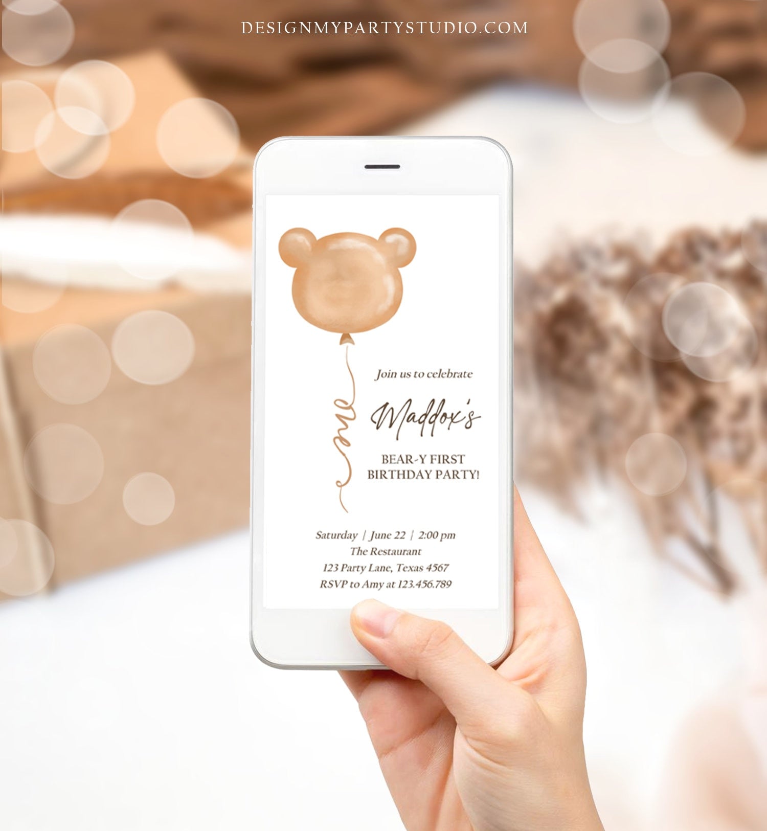 Editable Bear Birthday Evite Bear Balloon Modern Teddy Bears Picnic Gender Neutral Boho Invitation Template Instant Download Corjl 0439