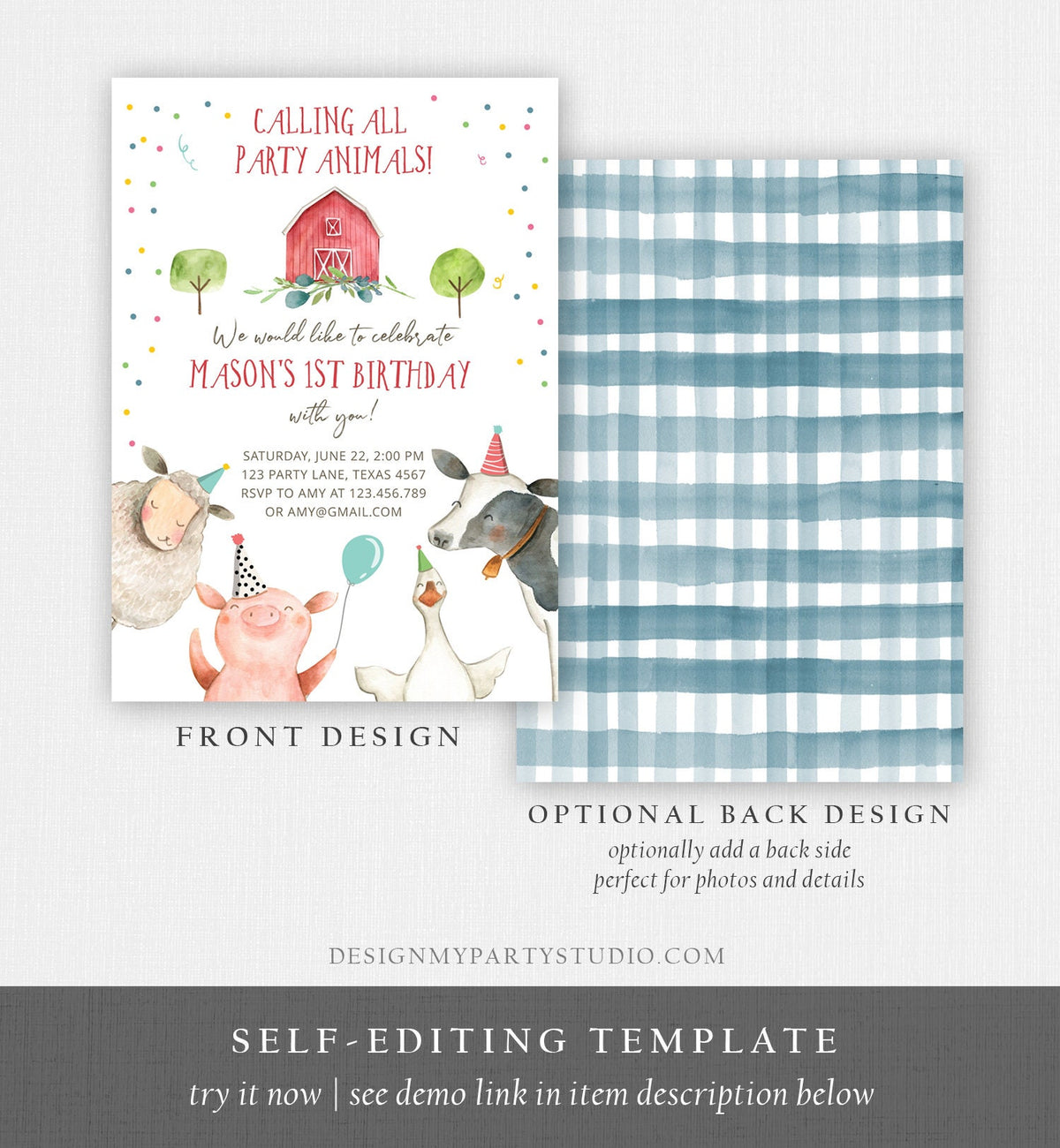 Editable Farm Animals Birthday Invitation Boy Farm Barnyard First Birthday Party Animals Confetti Download Corjl Template Printable 0155
