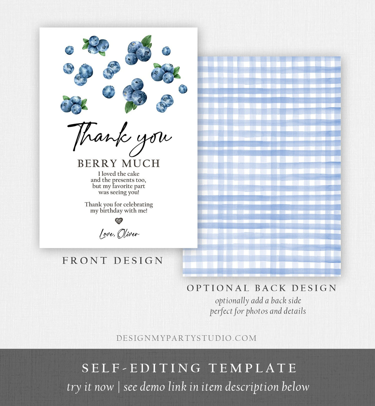 Editable Blueberry Thank You Card Berry First Birthday Berry Sweet Farmers Market Blueberries Boy Digital Download Template Printable 0399
