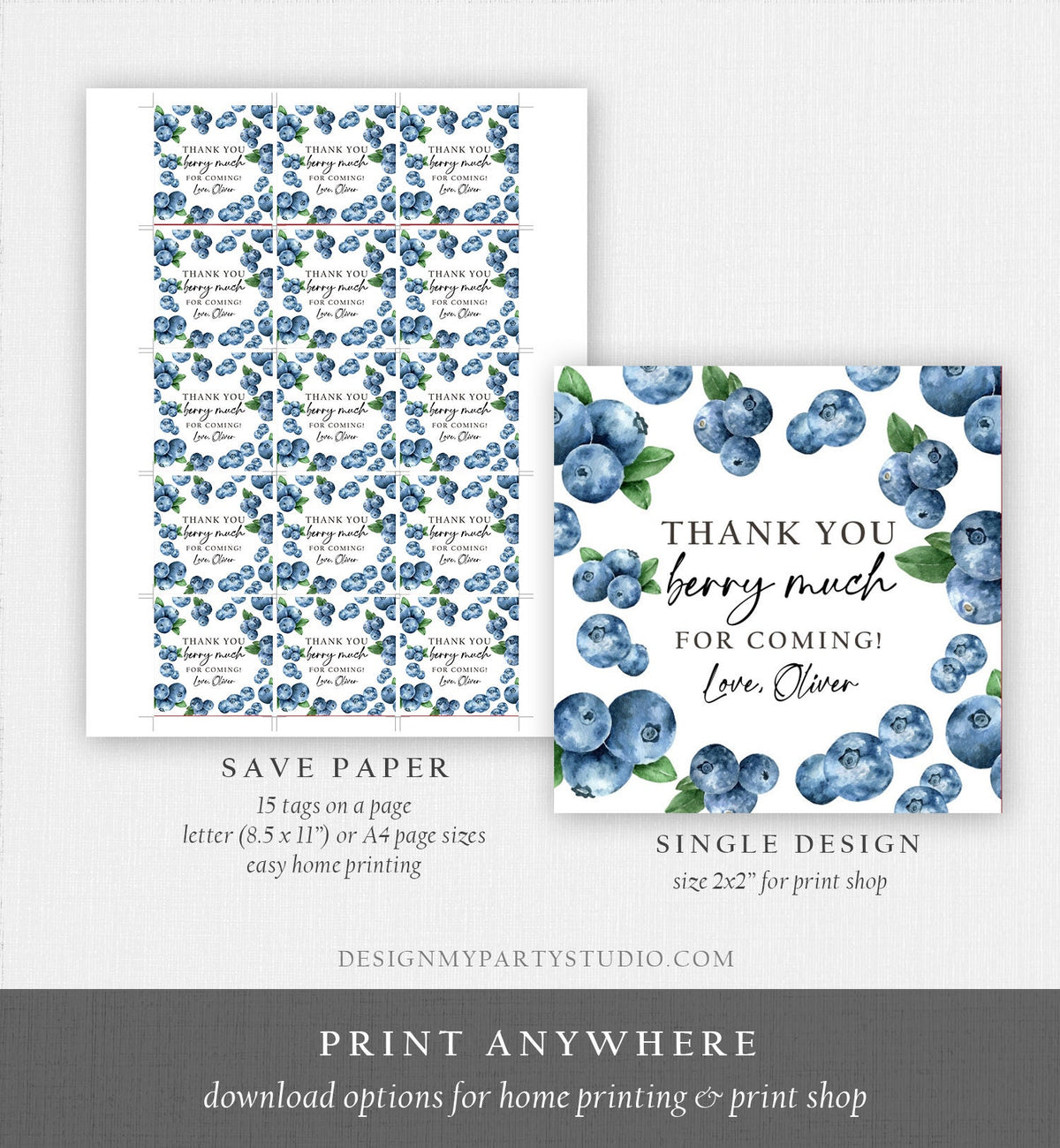 Editable Blueberry Favor Tags Berry First Birthday Thank you Stickers Label Berry Farmers Market Blueberries Template PRINTABLE Corjl 0399