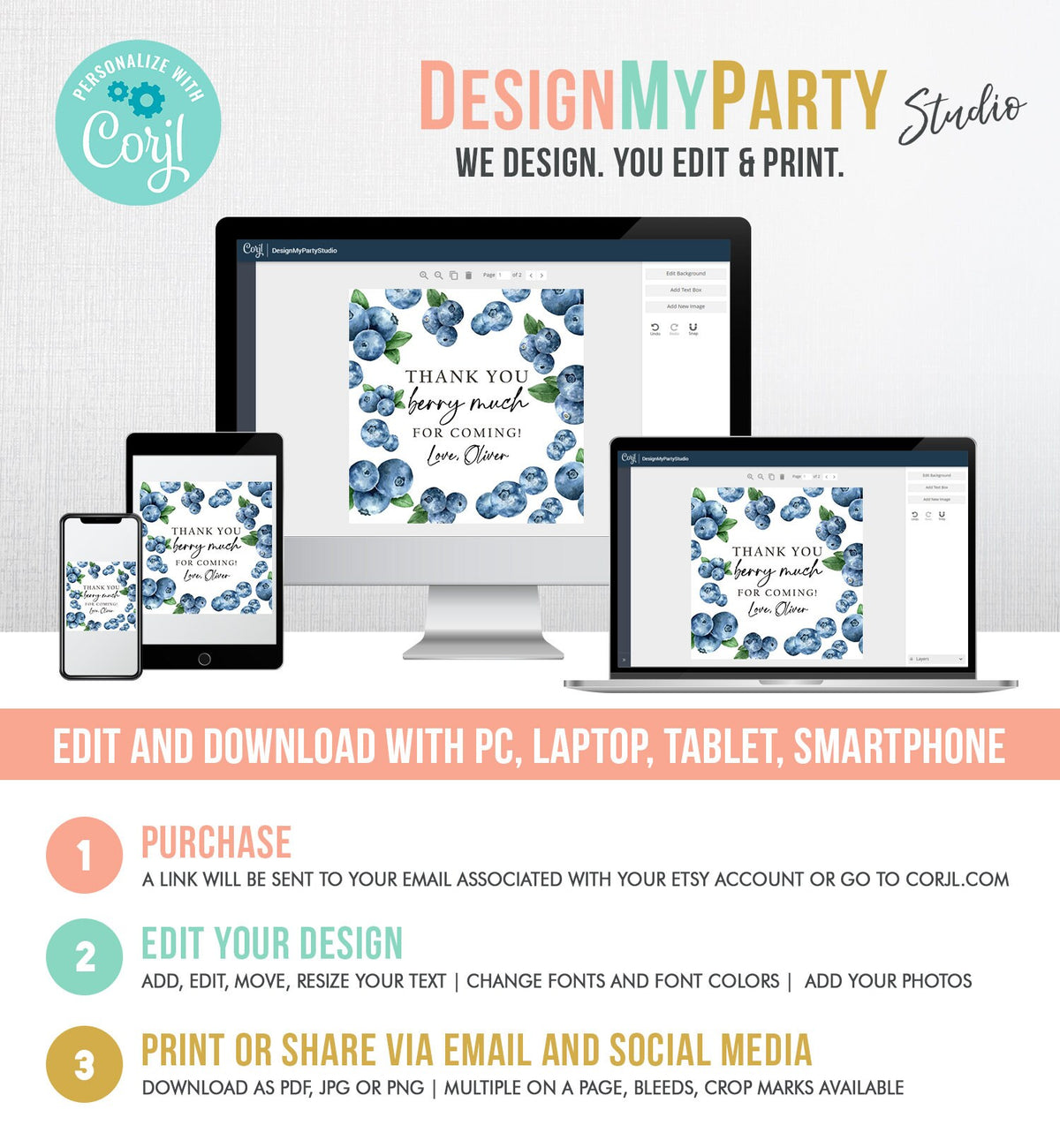 Editable Blueberry Favor Tags Berry First Birthday Thank you Stickers Label Berry Farmers Market Blueberries Template PRINTABLE Corjl 0399