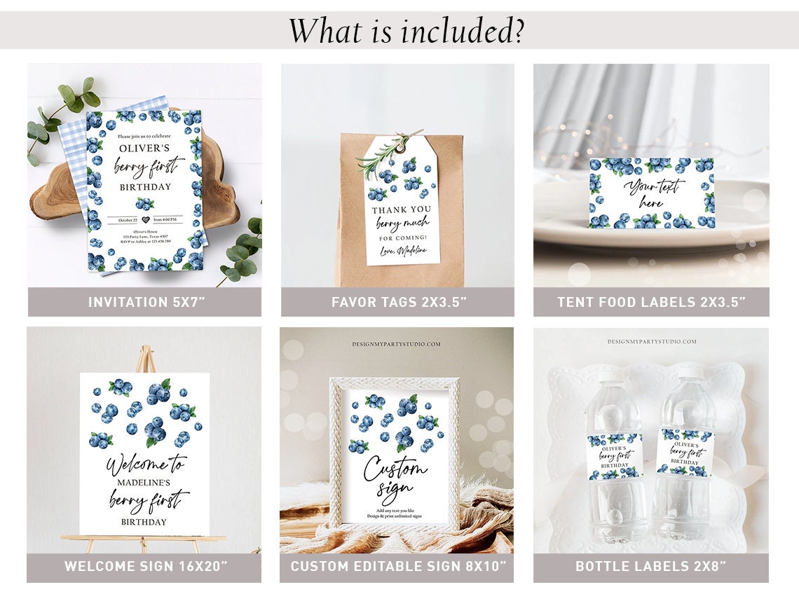 Blueberry Birthday Invitation Bundle Berry First Birthday Berry Sweet Party Pack Boy 1st Package Blueberries Digital Template Printable 0399