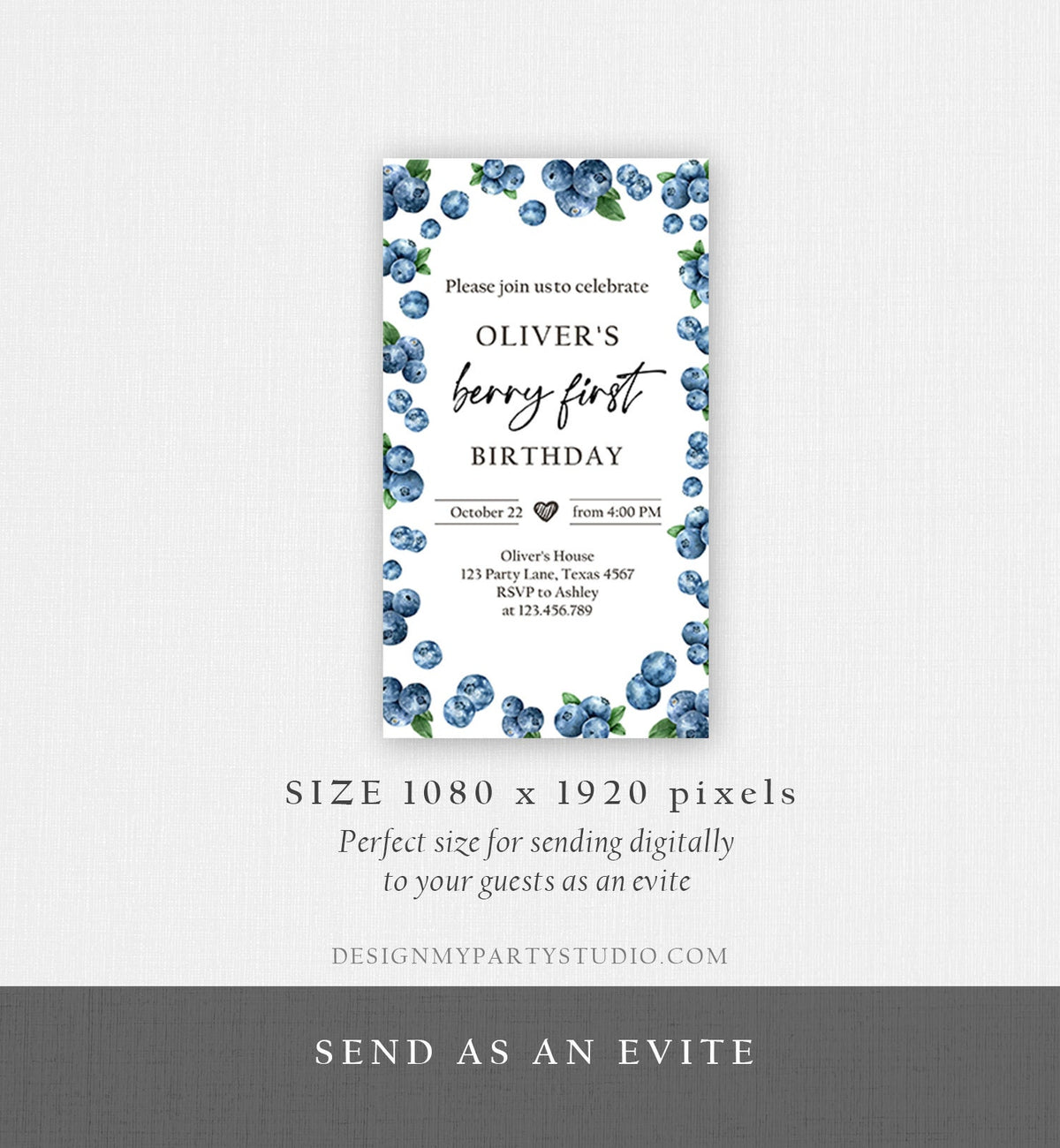 Editable Berry First Birthday Evite Electronic Blueberry Birthday Berry Sweet Blueberries 1st Boy Digital Phone Template Corjl Digital 0399