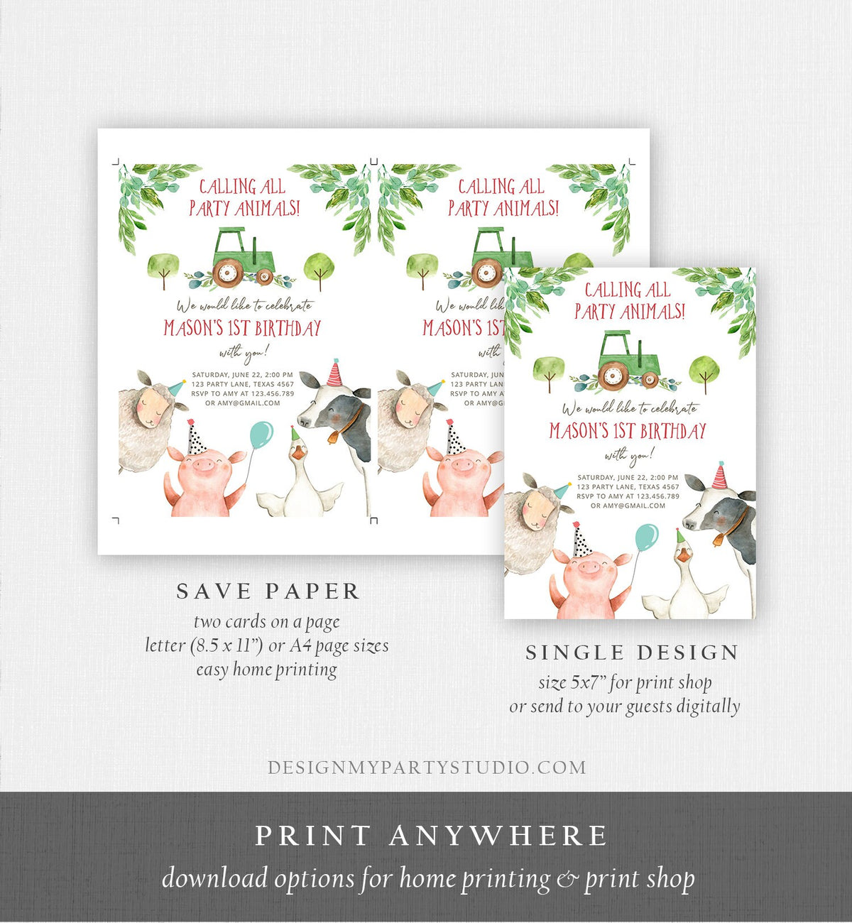 Editable Farm Birthday Invitation Boy Farm Animals Green Tractor Barnyard Barn Birthday Party Animals Digital Corjl Template Printable 0155