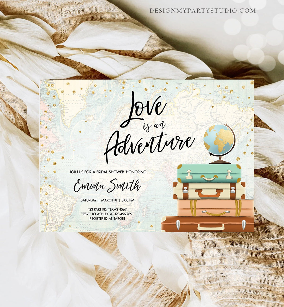 Editable Love is an Adventure Bridal Shower Invitation Traveling to Mrs Travel World Map Suitcases Digital Download Template Printable 0263