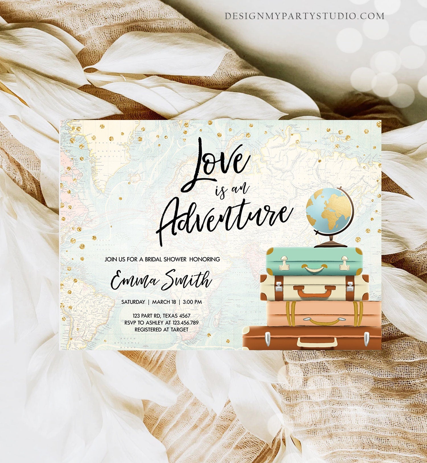Editable Love is an Adventure Bridal Shower Invitation Traveling to Mrs Travel World Map Suitcases Digital Download Template Printable 0263