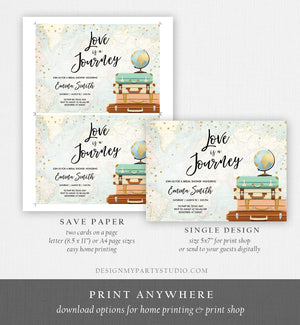 Editable Love is a Journey Bridal Shower Invitation Travel Adventure Gold Confetti Pink Floral Suitcases Download Corjl Template 0263