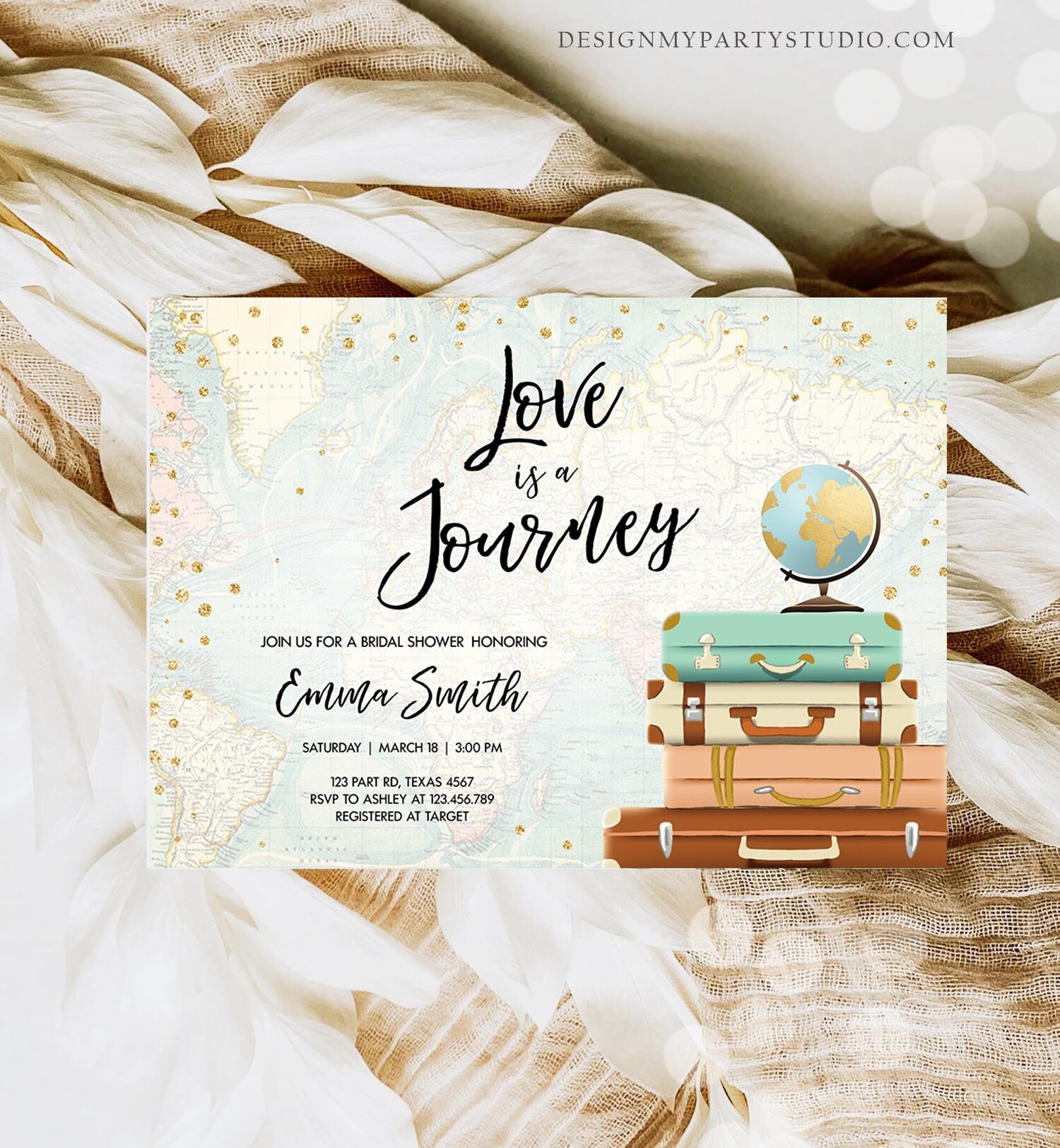 Editable Love is a Journey Bridal Shower Invitation Travel Adventure Gold Confetti Pink Floral Suitcases Download Corjl Template 0263