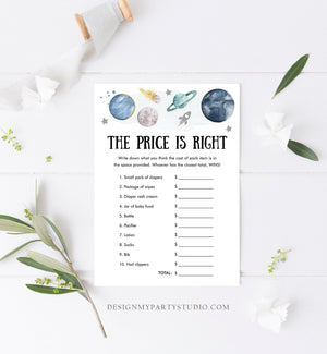 Editable The Price is Right Baby Shower Game Outer Space Planets Galaxy Boy Rocket Neutral Activity Silver Corjl Template Printable 0357