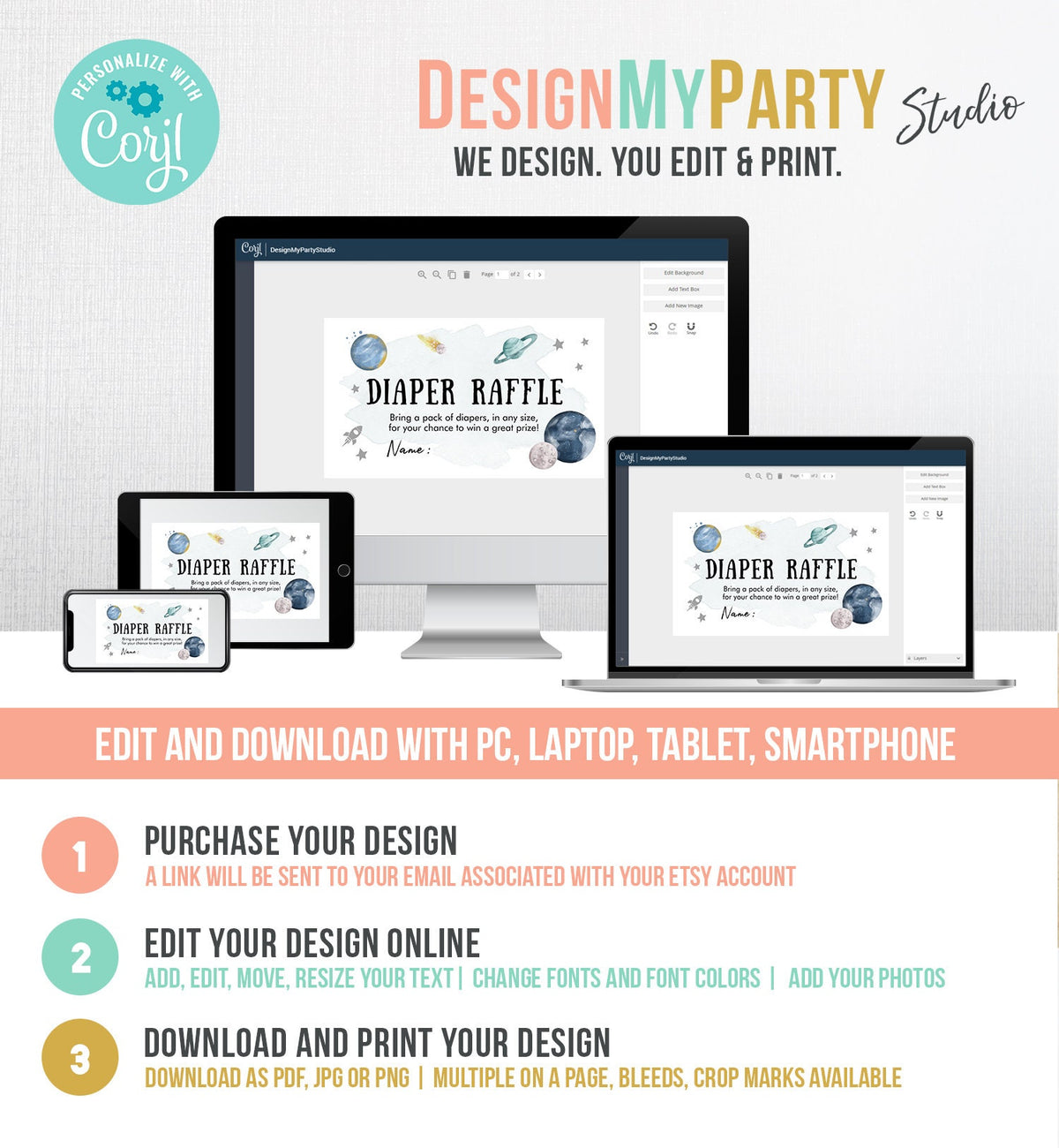 Editable Outer Space Diaper Raffle Ticket Space Baby Shower Planets Galaxy Registry Card Silver Diaper Game Digital Template Printable 0357