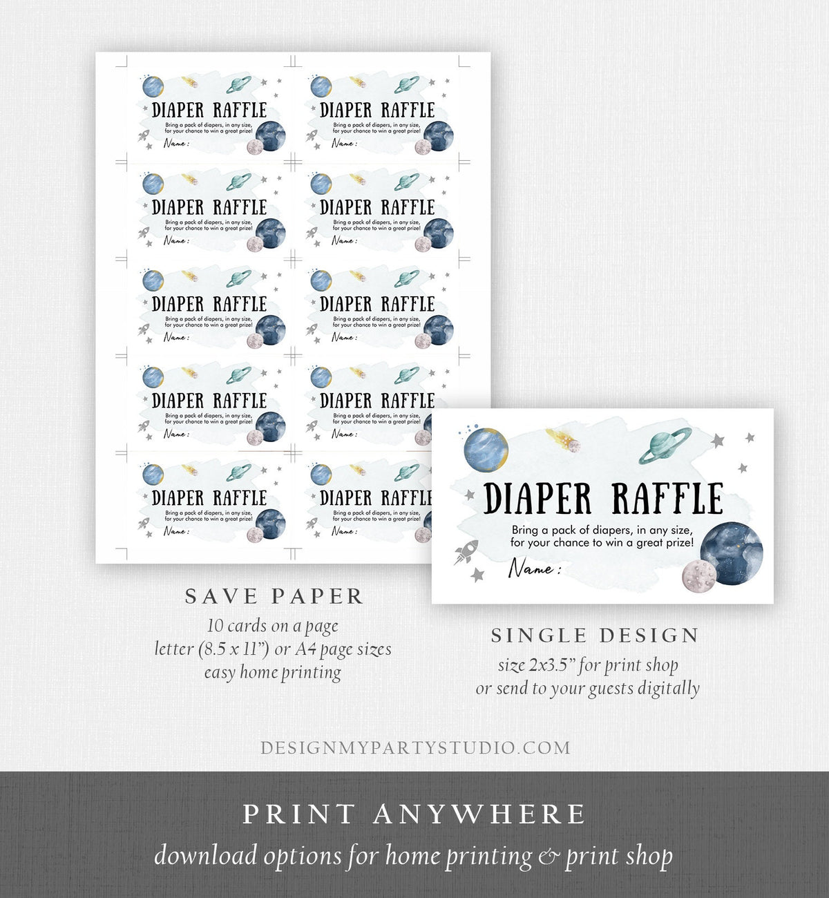 Editable Outer Space Diaper Raffle Ticket Space Baby Shower Planets Galaxy Registry Card Silver Diaper Game Digital Template Printable 0357