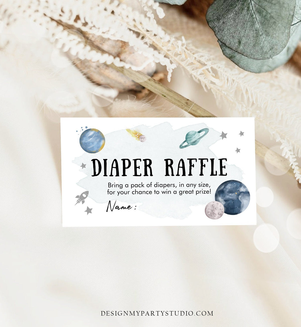 Editable Outer Space Diaper Raffle Ticket Space Baby Shower Planets Galaxy Registry Card Silver Diaper Game Digital Template Printable 0357