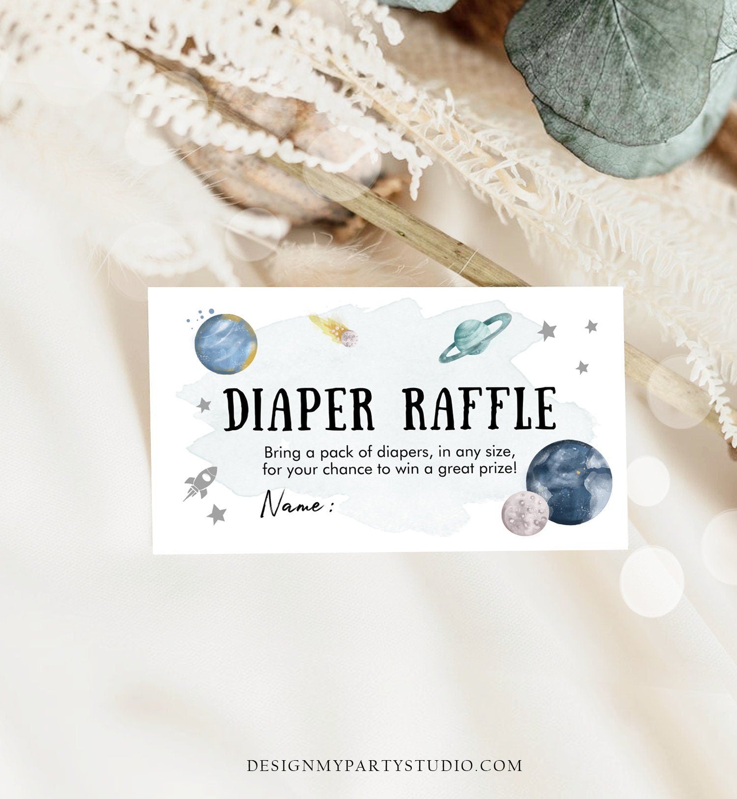 Editable Outer Space Diaper Raffle Ticket Space Baby Shower Planets Galaxy Registry Card Silver Diaper Game Digital Template Printable 0357