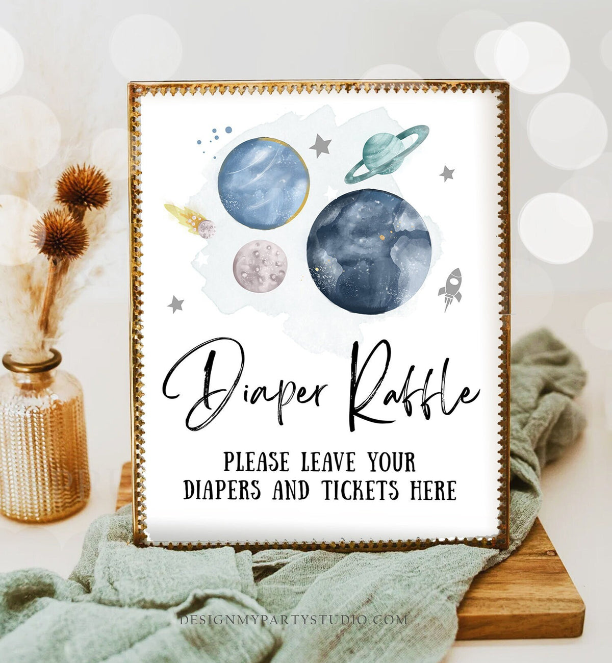 Diaper Raffle Sign Space Baby Shower Sign Outer Space Sign Galaxy Decor Diaper Table Planets Boy Diaper Game Sign Silver Printable 0357