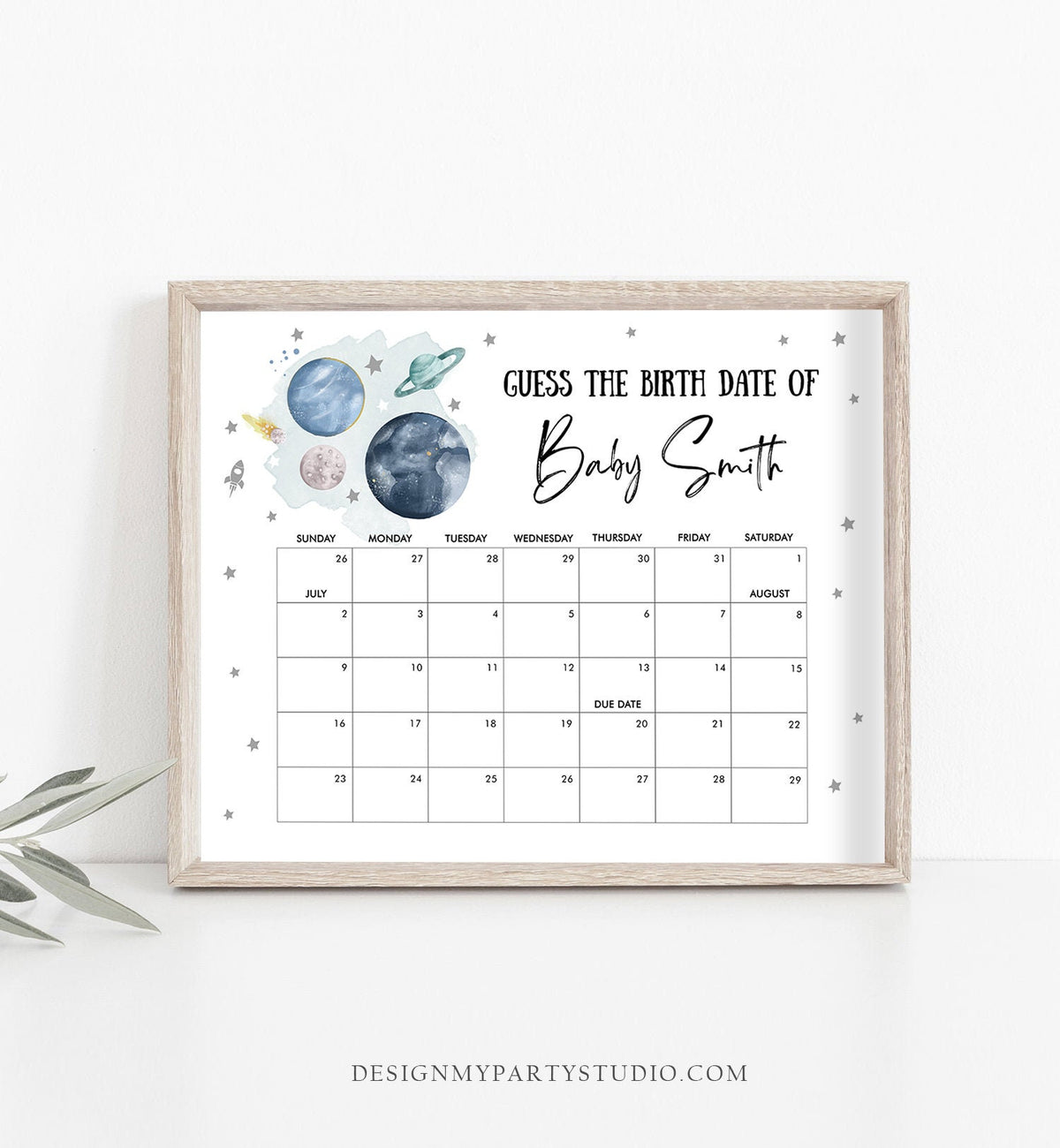 Editable Guess the Birth Date Baby Shower Game Guess Birthday Outer Space Astronaut Planets Galaxy Silver Digital Template Printable 0357