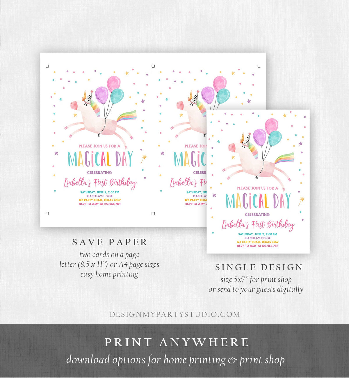 Editable Unicorn Birthday Invitation Magical Party Invite Girl Pink First Birthday Rainbow Digital Download Evite Template Printable 0336
