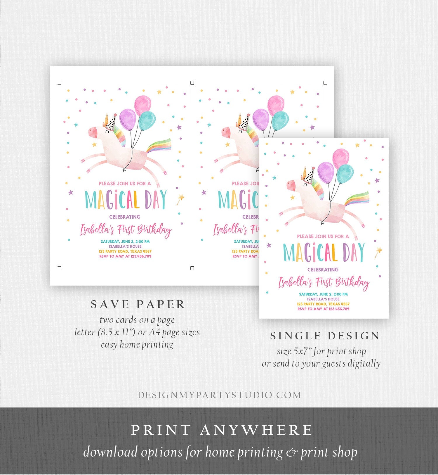 Editable Unicorn Birthday Invitation Magical Party Invite Girl Pink First Birthday Rainbow Digital Download Evite Template Printable 0336