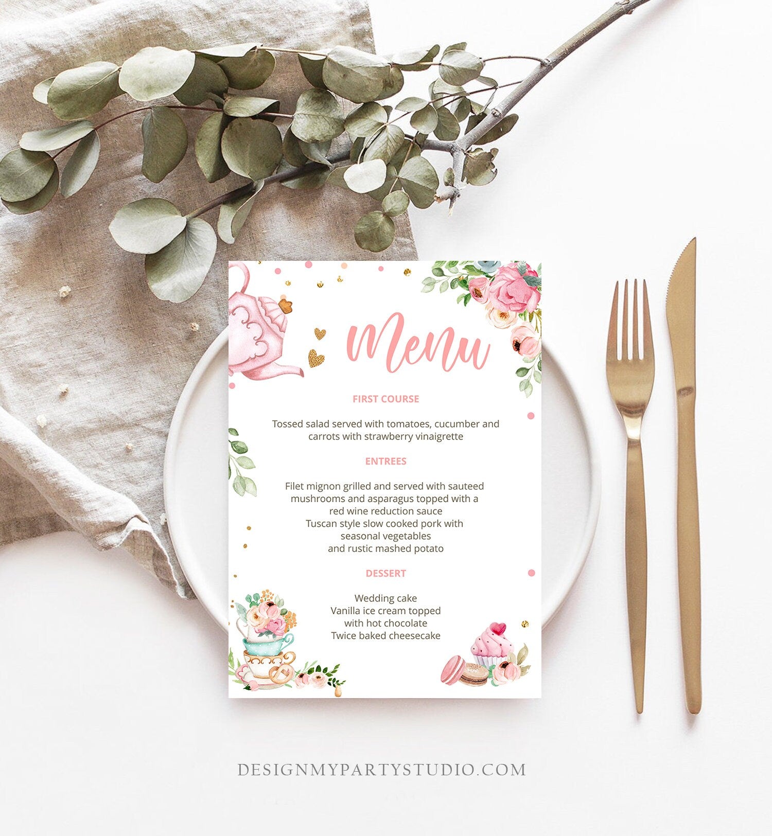 Editable Floral Tea Menu Card Tea Birthday Pink Gold Confetti Floral Tea Baby Shower Baby is Brewing Download Corjl Template Printable 0349