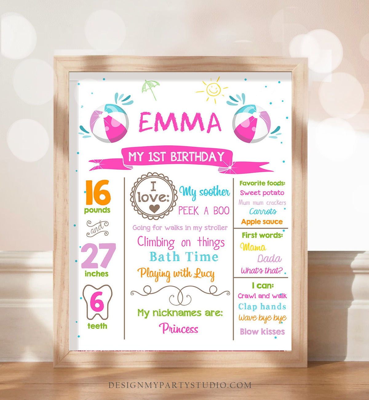 Editable Pool Party Birthday Milestone Poster Decor Splish Splash Ball Birthday Girl Pink First 1st Digital Download Template Printable 0169