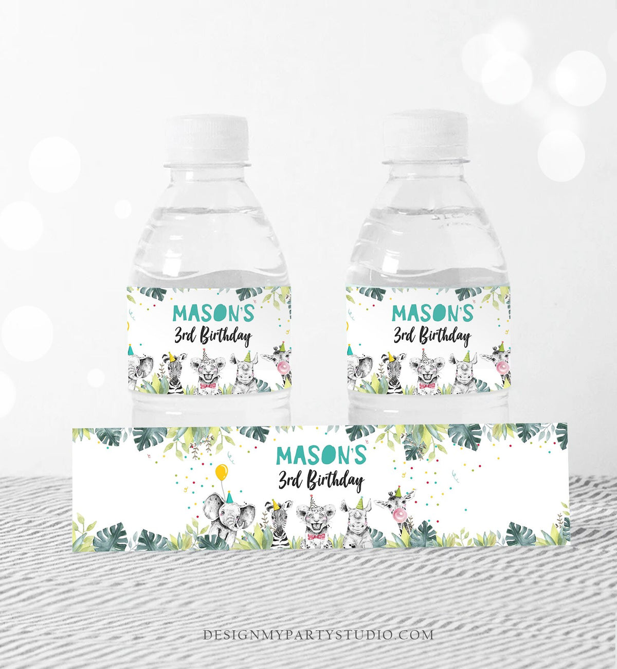 Editable Water Bottle Labels Party Animals Birthday Wild One Birthday Decor Safari Animals Zoo Printable Bottle Wrappers Template 0322