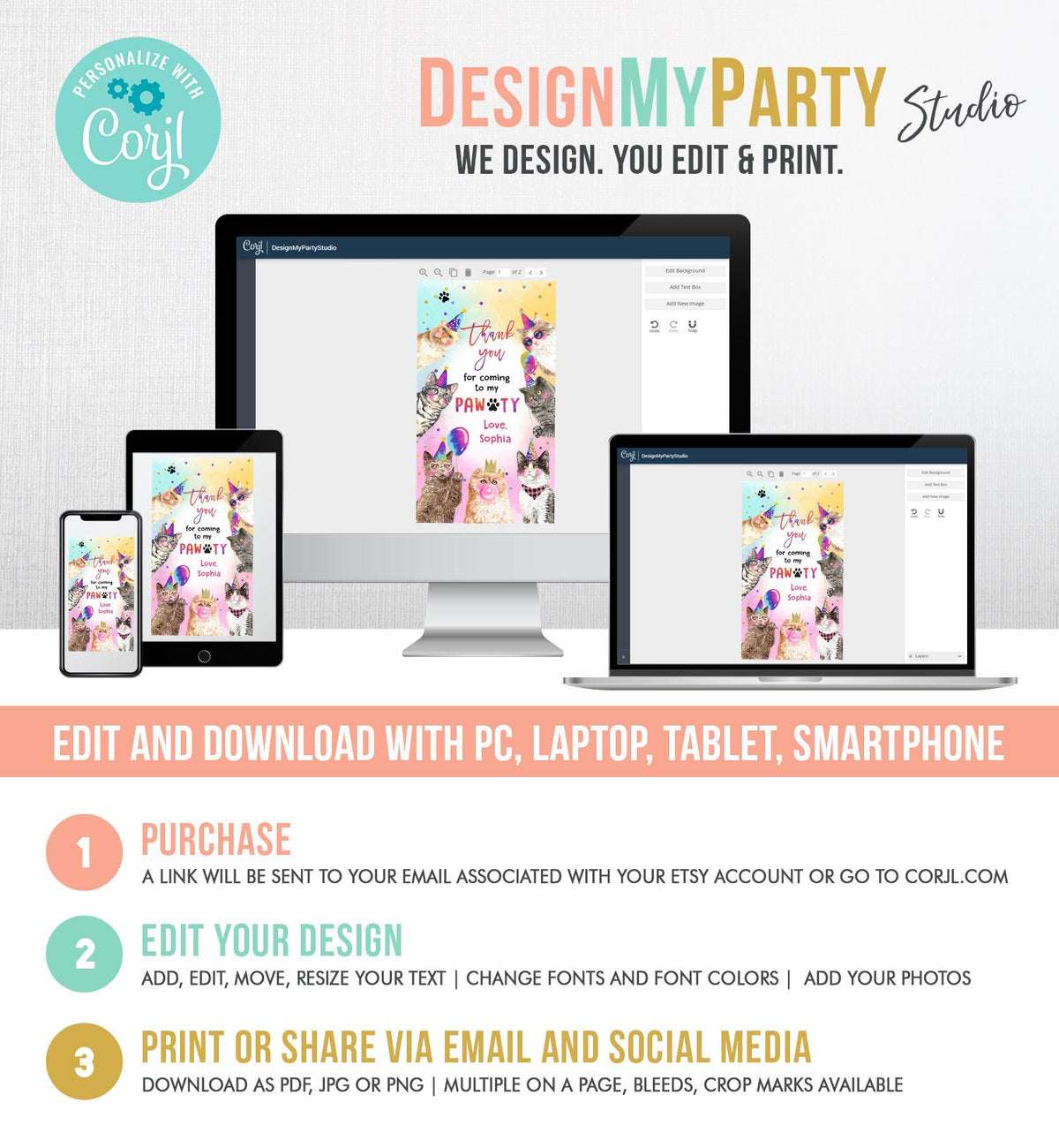 Editable Kitten Favor tags Cat Birthday Thank you tag Girl Kitten Birthday Cat Party Animals Kitty Pawty Template PRINTABLE Corjl 0460