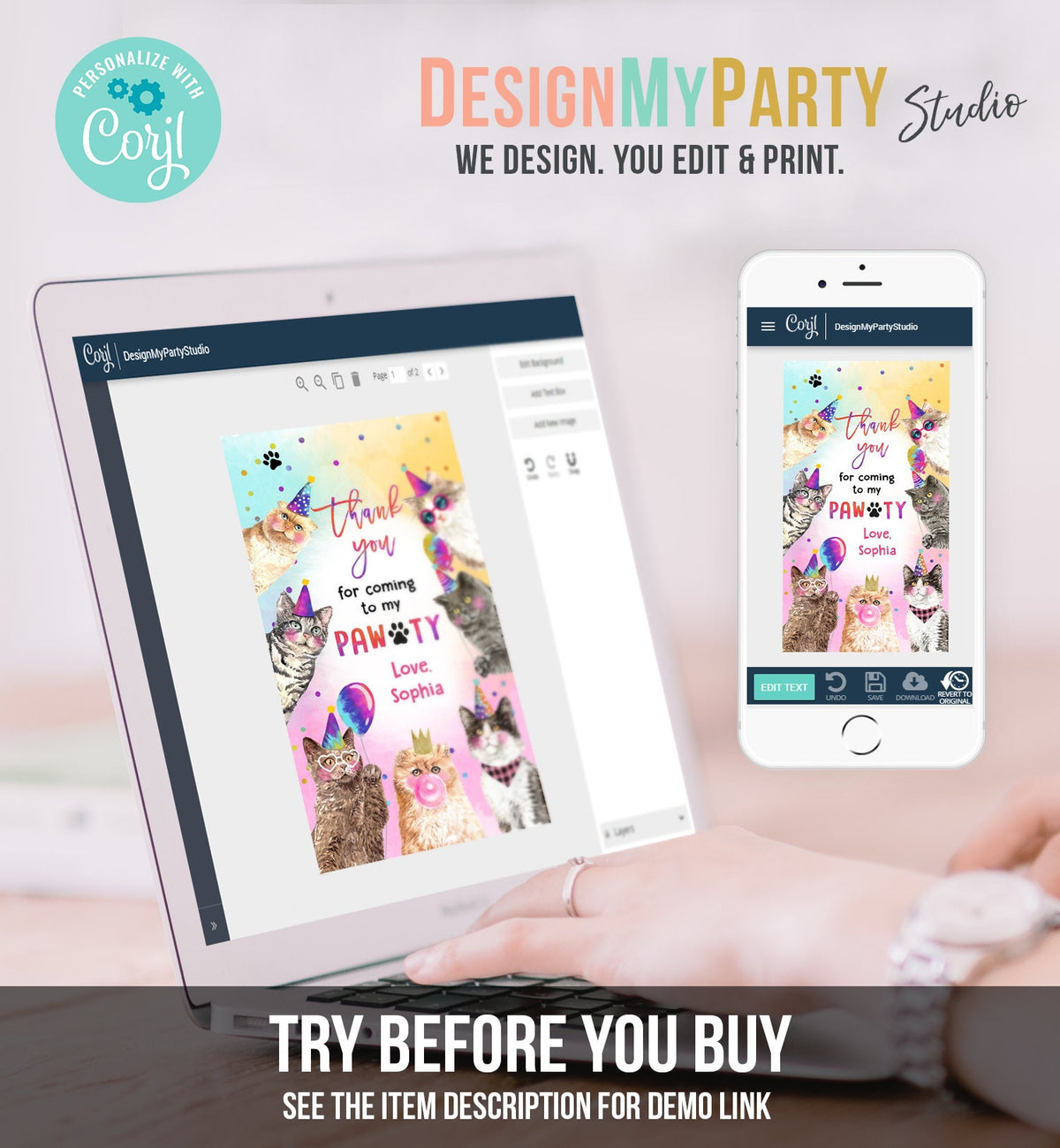 Editable Kitten Favor tags Cat Birthday Thank you tag Girl Kitten Birthday Cat Party Animals Kitty Pawty Template PRINTABLE Corjl 0460