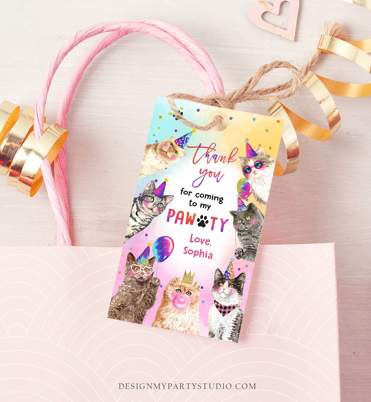 Editable Kitten Favor tags Cat Birthday Thank you tag Girl Kitten Birthday Cat Party Animals Kitty Pawty Template PRINTABLE Corjl 0460