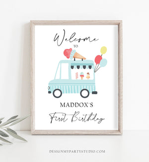Editable Ice Cream Truck Party Welcome Sign Ice Cream Birthday Welcome Scoop Modern Boy Summer Blue Shoppe Template PRINTABLE Corjl 0415