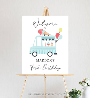 Editable Ice Cream Truck Party Welcome Sign Ice Cream Birthday Welcome Scoop Modern Boy Summer Blue Shoppe Template PRINTABLE Corjl 0415
