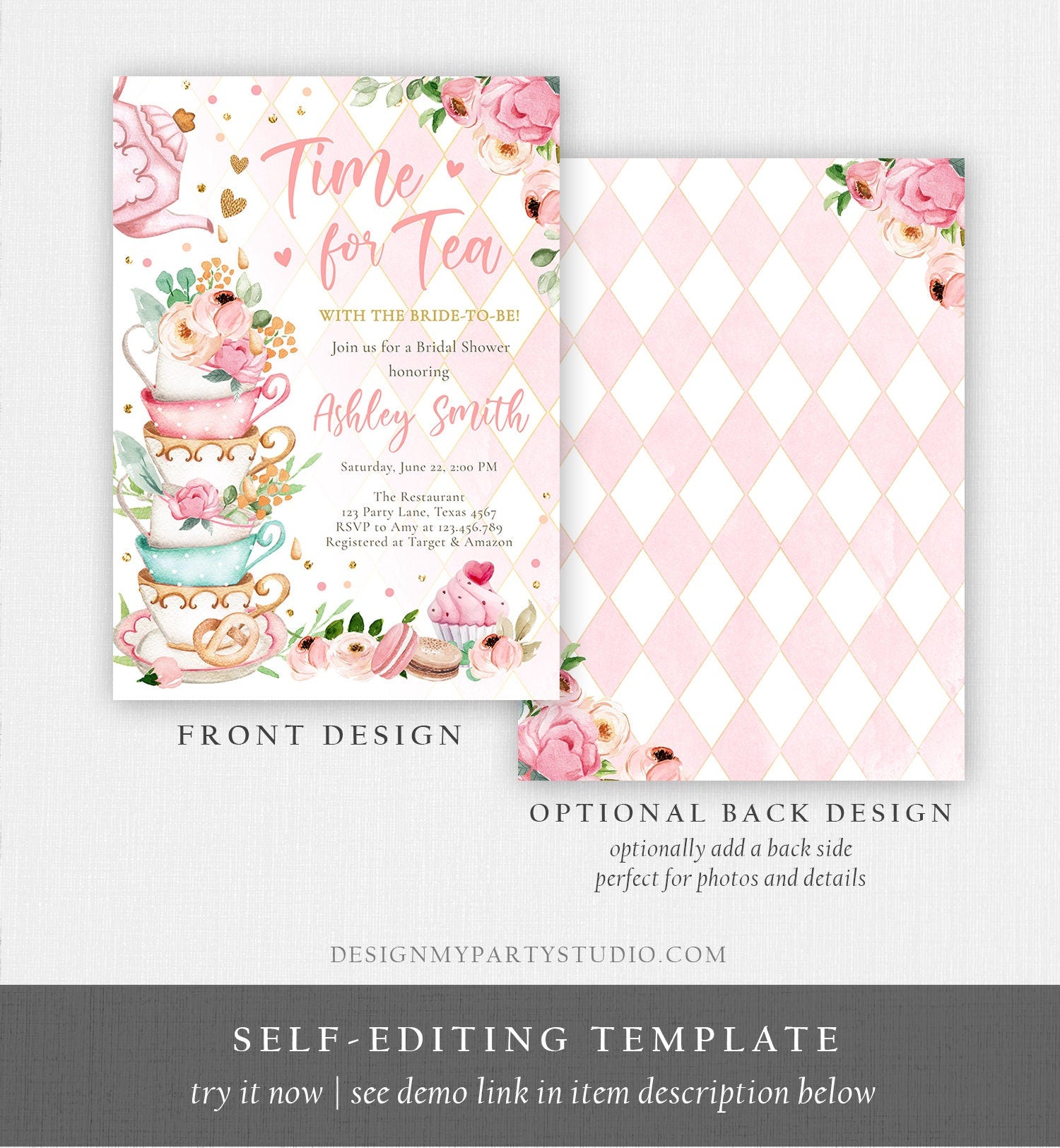 Editable Time For Tea Bridal Shower Invitation Tea Party Wedding Shower Floral Pink Gold Blush Love is Brewing Evite Template Printable 0349
