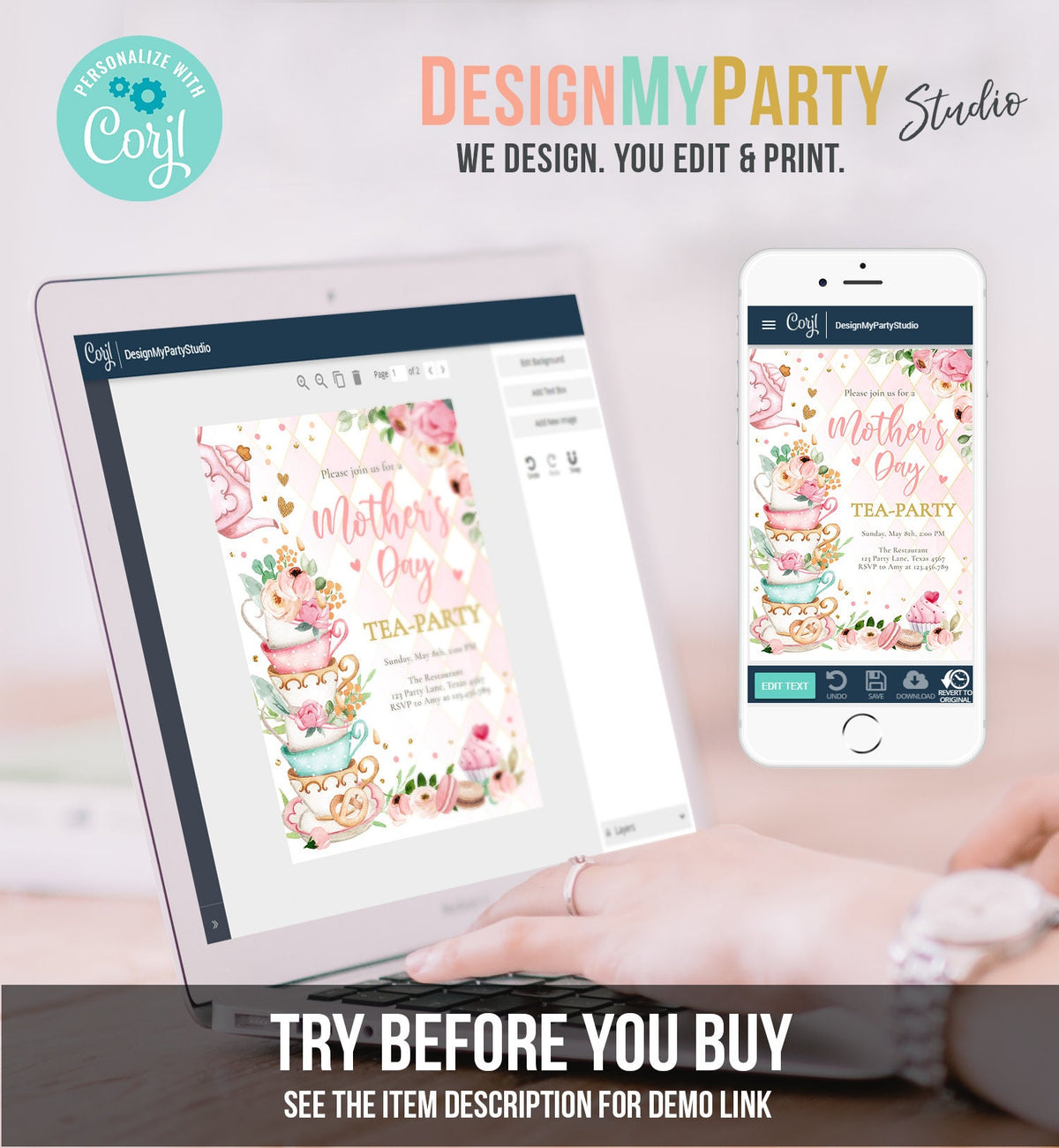 Editable Mothers Day Tea Party Invitation Tea Party Mother&#39;s Day Brunch Invite Mommy and Me Pink Floral Gold Corjl Template Printable 0349