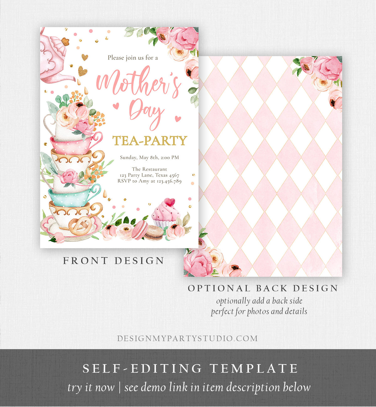 Editable Mothers Day Tea Party Invitation Tea Party Mother&#39;s Day Brunch Invite Mommy and Me Pink Floral Gold Corjl Template Printable 0349