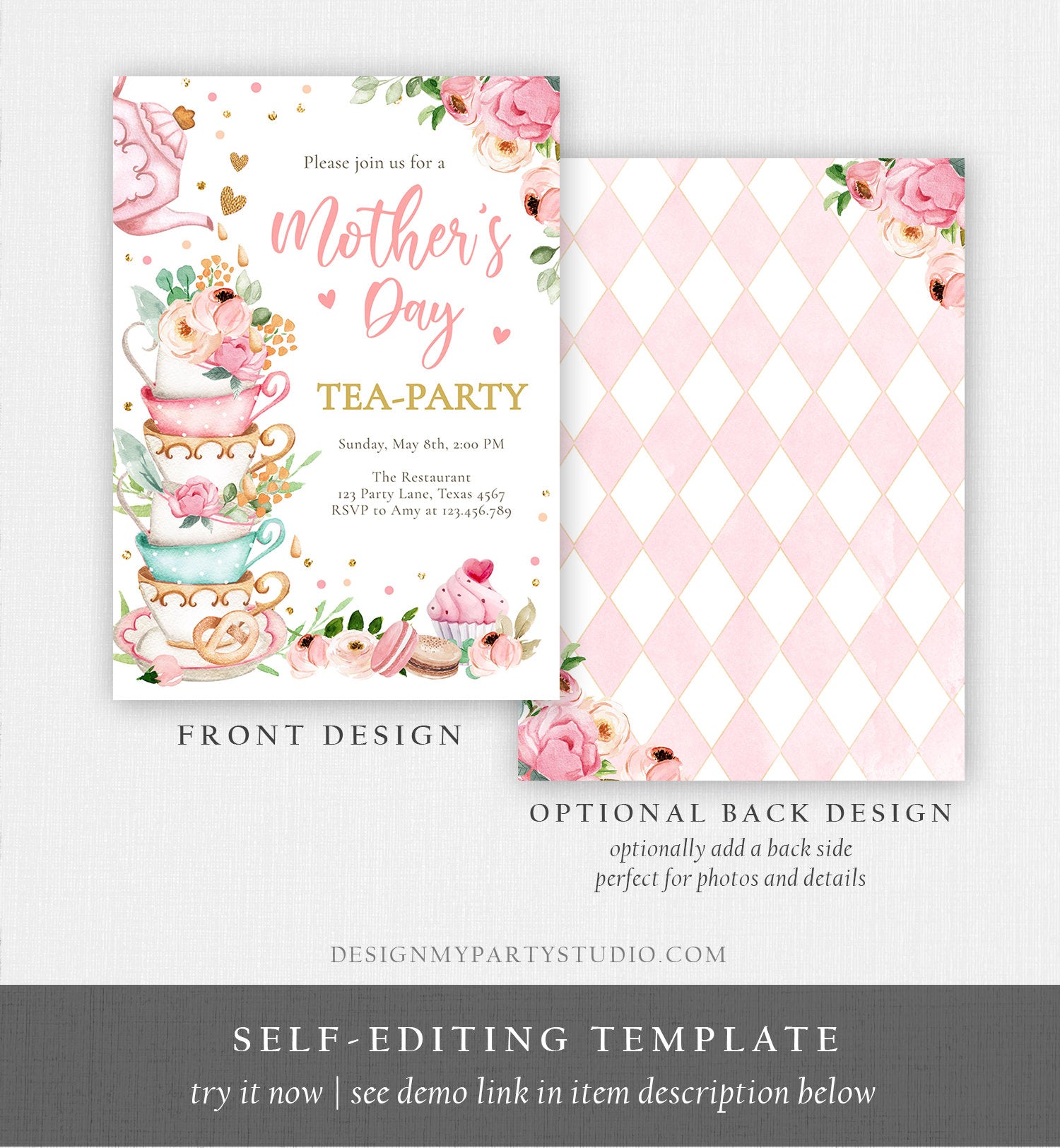 Editable Mothers Day Tea Party Invitation Tea Party Mother's Day Brunch Invite Mommy and Me Pink Floral Gold Corjl Template Printable 0349