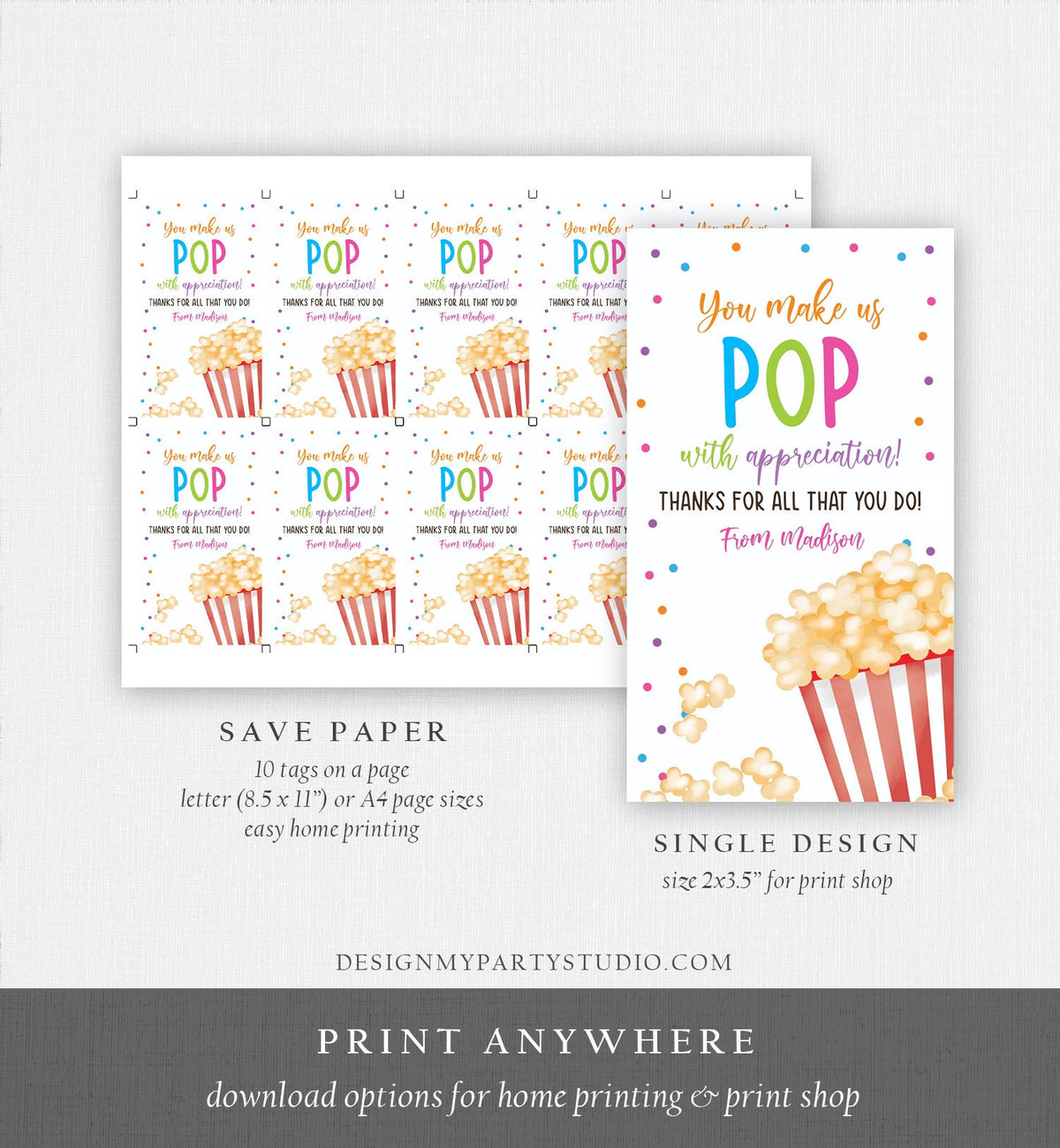 Editable Teacher Appreciation Tag Popcorn Thank You Tag Teacher Tag Popcorn Gift Tag School Employee Staff Digital Template Printable 0464